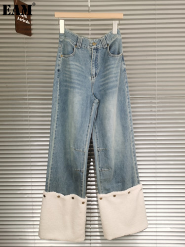 {EAM} Design Sense Of High-end New Slim Patchwork Denim Autumn High-waisted Straight Leg Jeans DLZ453