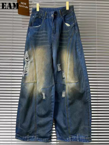 {EAM} Retro Design Sense Ripped Jeans Women's Loose Edge Straight Leg Draping Slim Mop Pants Trend DLZ448