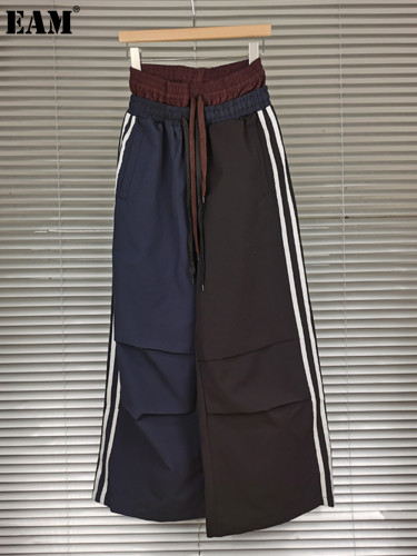 {EAM} High Street American Pleated Color Patchwork Fake Two Overalls Men's Street Fashion Brand Loose All-match Casual Pants DLZ447
