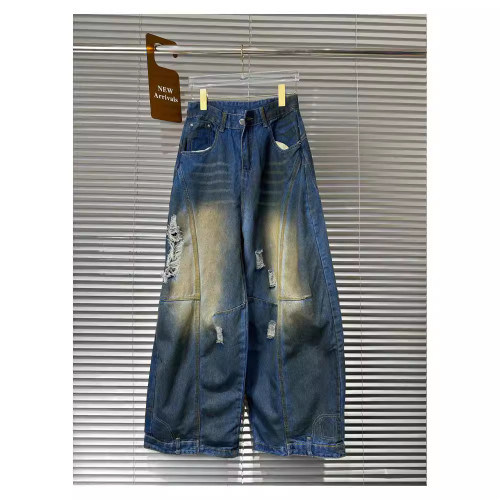 {EAM} Retro Design Sense Ripped Jeans Women's Loose Edge Straight Leg Draping Slim Mop Pants Trend DLZ448