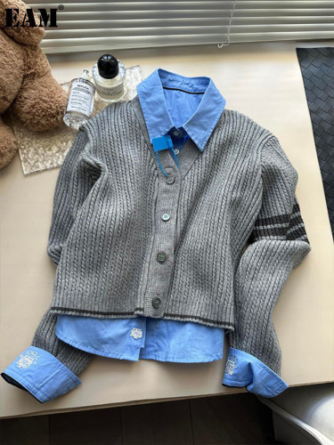 {EAM} 2025 Autumn And Winter Leisure Twist Knitted Cardigan Short Long Sleeve Coat Female V-neck White Deer With Wool Cardigan DLZ446