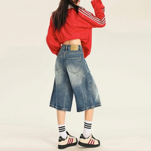 {EAM}American Vintage Loose Denim Shorts Men and Women High Street Straight Leg Solid Color Trousers Casual Versatile Jeans Female DLZ455