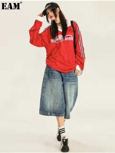 {EAM}American Vintage Loose Denim Shorts Men and Women High Street Straight Leg Solid Color Trousers Casual Versatile Jeans Female DLZ455