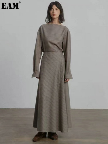 {EAM} Early Autumn Thin Set Women's Wool Striped Line Collar Top + Side Slit Umbrella Swing Skirt Set DLZ458