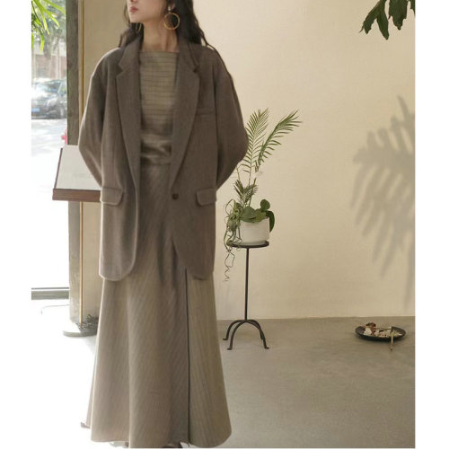 {EAM} Early Autumn Thin Set Women's Wool Striped Line Collar Top + Side Slit Umbrella Swing Skirt Set DLZ458