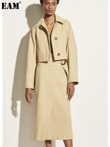 {EAM} New Autumn And Winter Coat Women's Waist Wide Collar Casual Cotton Short Jacket Women's Style DLZ461