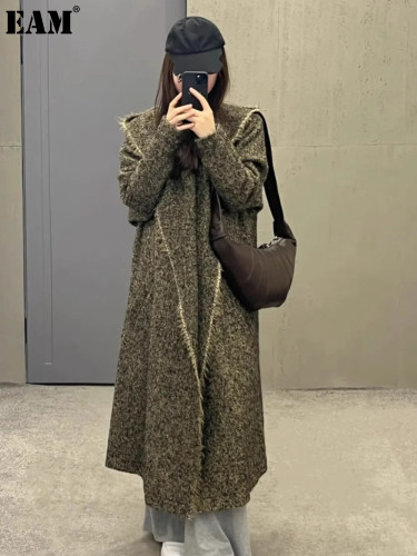 {EAM} 25 Autumn And Winter New Coat Wandering Shawl Wind Wool Blend Heavy Drawn Wool Loose Shawl Hooded Long Coat DLZ457