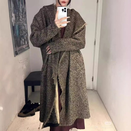 {EAM} 25 Autumn And Winter New Coat Wandering Shawl Wind Wool Blend Heavy Drawn Wool Loose Shawl Hooded Long Coat DLZ457