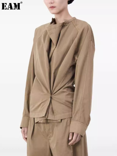 {EAM} 25 Autumn/Winter New Color Design Sense Asymmetrical Button-side Slit Top Women's Slatted Collar With Sloping Long Sleeve Shirt  DLZ456
