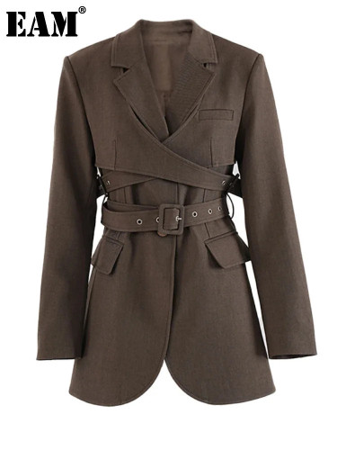 [EAM] Women Brown Corss Belted Pocket Elegant Long Blazer New Lapel Long Sleeve Jacket Fashion Tide Spring Autumn 2024 CPDB328