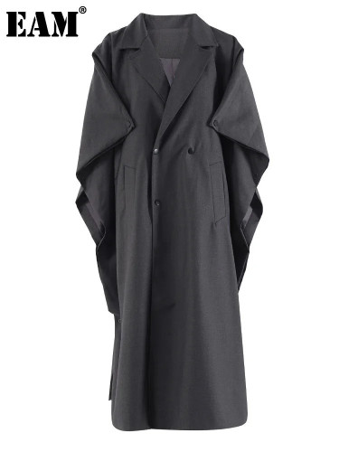 [EAM] Women Gray Big Size Long Elegant Cloak Trench New Lapel Half Sleeve Windbreaker Fashion Tide Spring Autumn 2024 CPDB329