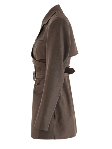[EAM] Women Brown Corss Belted Pocket Elegant Long Blazer New Lapel Long Sleeve Jacket Fashion Tide Spring Autumn 2024 CPDB328