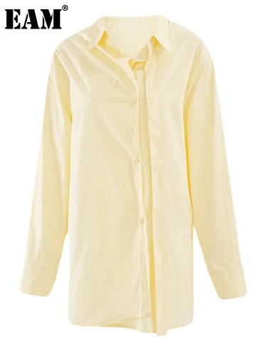 [EAM] Women Apricot Irregular Button Big Size Elegant Blouse New Lapel Long Sleeve Shirt Fashion Tide Spring Autumn 2024 CPDB331