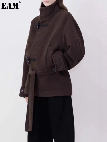 {EAM} 25 Autumn And Winter New Woolen Coat Wool Small Women Jin Minxi With Horns Buckle Stand Collar Coat DLZ468