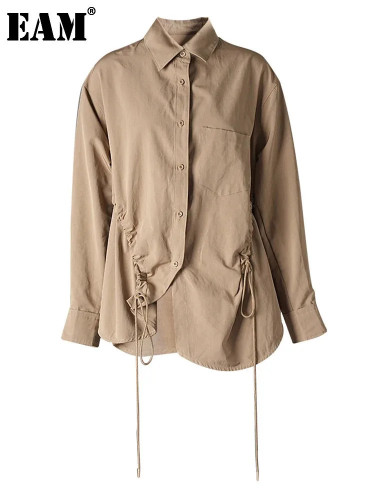 [EAM] Women Khaki Irregular Drawstring Big Size Blouse New Lapel Long Sleeve Shirt Fashion Tide Spring Autumn 2024 CP3463