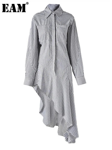 [EAM] Women Black Striped Long Ruffles Elegant Blouse New Lapel Long Sleeve Shirt Fashion Tide Spring Autumn 2024 CPDB357