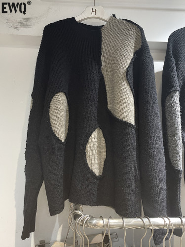 [EWQ] Contrast Colors Long Sleeve Streetwear Knitted Sweater Loose All-match Fashion Women Jumper 2024 Autumn New Tide 16O2577
