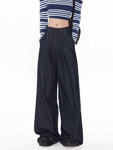{EAM} American Washed Dark Pleated Jeans For Women In Autumn, Fashionable, Wide Leg, Loose, And Floor Hugging Pants DLZ473