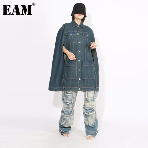 {EAM} GetSpring Women Denim Jacket 2024 Autumn Winter New Fashionable Cape Denim Coat Solid All Match Loose Casual Long Jean Tops DLZ472