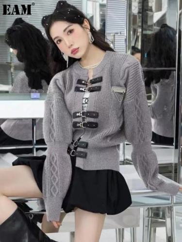 {EAM} Harajuku Casual Punk Streetwear Leather Buckle Cardigan O-neck Vintage Cable Knitted Sweater 2025 Fall Winter Solid Y2k Jumper DLZ475