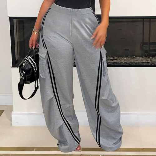 {EAM} Fashion Women Pocket Side Striped Wide Leg Loose Jogger Pants 2025 Fall Winter Active Splicing Sweatpants Trousers DLZ478