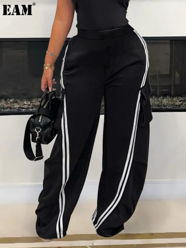 {EAM} Fashion Women Pocket Side Striped Wide Leg Loose Jogger Pants 2025 Fall Winter Active Splicing Sweatpants Trousers DLZ478
