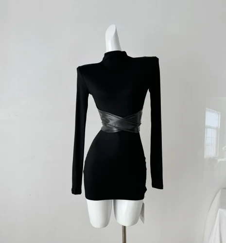 {EAM} Black Long-sleeved Autumn Winter New Sexy High-necked Bodycon Mini Dress Streetwear Casual DLZ480