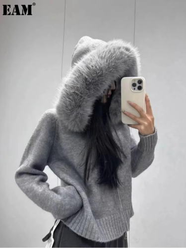 {EAM} Korean Style Trend Sweater Zipper Casual Female Autumn Winter Woman S-XL Loose Solid Cashmere Thicken Velvet Hooded Cardigan DLZ482