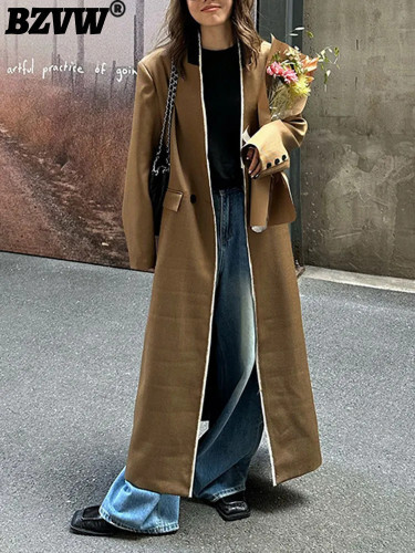 {EAM}  V-neck High-end Designer Long Windbreaker Coat Women's 2025 Autumn Fashion New Vintage Casual Overcoat Female 26D6318