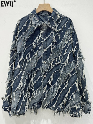 [EWQ] High Street Full Sleeve Frayed Tassel Denim Jacket Contrasting Colors Coats Loose Women Winter Clothes 2024 Autumn 16O1181