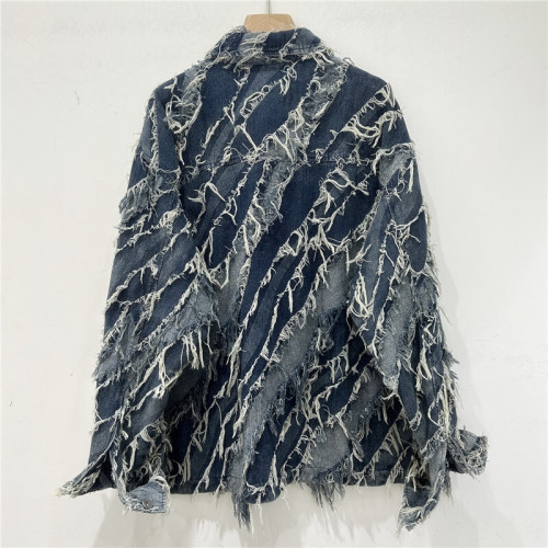 [EWQ] High Street Full Sleeve Frayed Tassel Denim Jacket Contrasting Colors Coats Loose Women Winter Clothes 2024 Autumn 16O1181