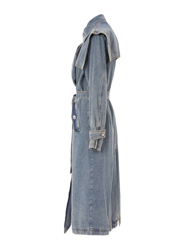 DEAT Fashion Women's Denim Jackets Loose Double Layer Collar Double Breasted Sashes Long Sleeve Overcoat Autumn 2025 New 17A4709
