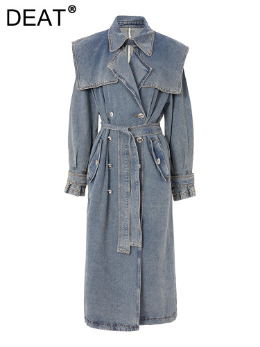 DEAT Fashion Women's Denim Jackets Loose Double Layer Collar Double Breasted Sashes Long Sleeve Overcoat Autumn 2025 New 17A4709