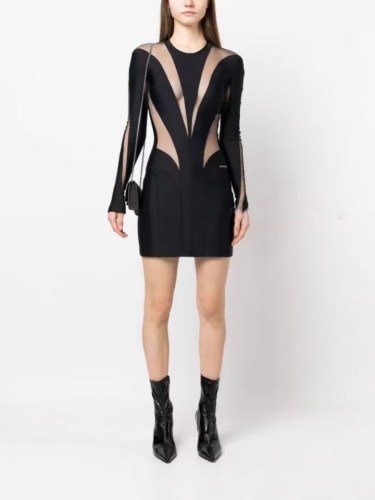 {EAM}Perspective Little Black Dress European Women 2024 Spring Summer Mesh Splicing Slim Fit Wrap Hip Dress Sexy Mini Dress DLZ010301
