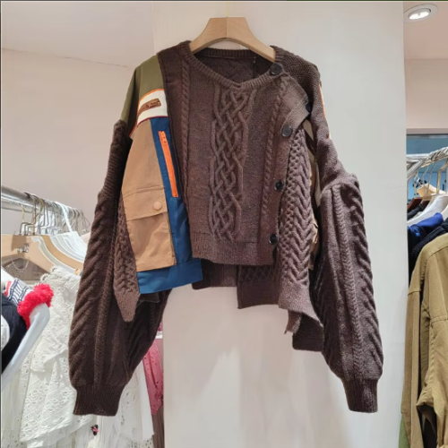 {EAM} V Neck Contrast Color Single Breasted Plaid Stripe Cardigan Warm Sweater Coat Outerwear Woman 2025 Autumn Winter 16U5834
