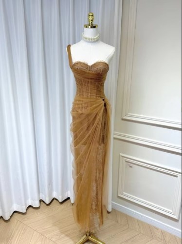 DEAT Women's Single Shoulder Spliced Lace Slit Long Dress 2024 Summer Solid Color Zipper Sleeveless Split Elegant Dresses 15C455