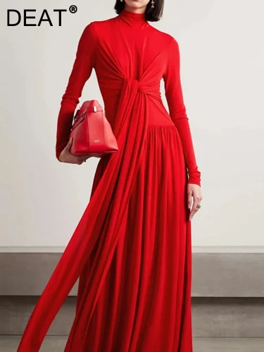 DEAT 2025 big red spring dress,Kintted Dress Half High Collar Stack Draped Fold Stretch Slim Waist Elegant Dresses 13DB4736
