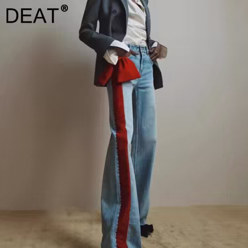 DEAT Fashion Contrast Color Bow Jeans Women's High Waist Versatile Slim Straight Casual Denim Pants Tide New 7AB8214