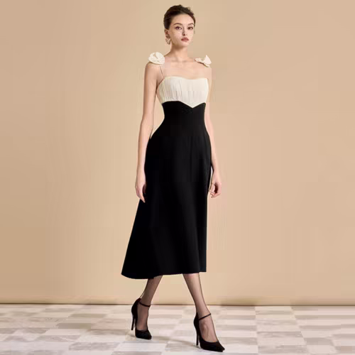 DEAT Women Fashion Dress Shoulder Strap 3D Flower Folds Hollow Out Contrast Color Single Breasted Dresses Autumn 2024 New13DL638