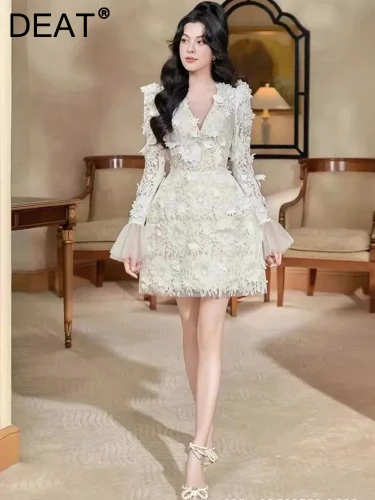 DEAT Women's Fashion Embroidery Dress V-neck 3D Flower Mesh Spliced Flare Sleeves Hollow Out Dresses All Season 2025 New 13DL943