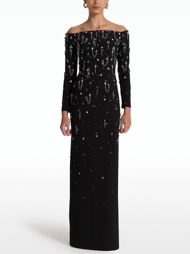 DEAT Elegant Dress Slash Neck Embroidered Flares Long Sleeve Split Women's Evening Party Dresses 2025 Spring New Fashion 35Z1780