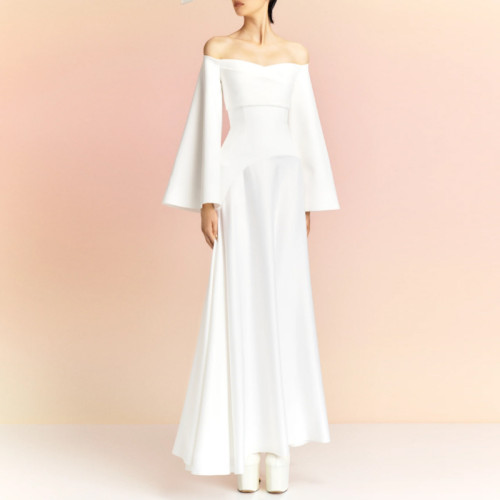 DEAT Elegant Dress Slash Neck Flare Sleeve Slim Waist Pleated Women's Customized Evening Party Dresses 2024 Summer New 35Z763