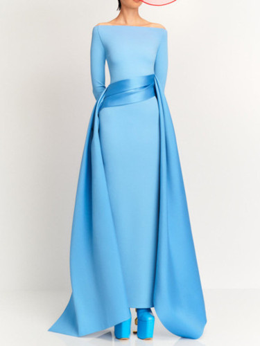 DEAT Elegant Dress Slash Neck Long Sleeve Ribbon Patchwork Waist Women's Evening Party Dresses 2024 Autumn New Fashion 35Z776