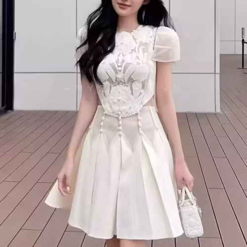 IEQJ 2025 Spring New Sweet Embroidery Women's Above Knee Dress Flowers Button Lace Short Sleeve O-Neck Dresses Female 3QW0043