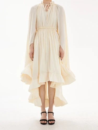DEAT Elegant Dress Trendy Asymmetric Hem Design Cloak Sleeve Lace Pleat Women's Evening Dresses 2024 Summer New Fashion 19J4498