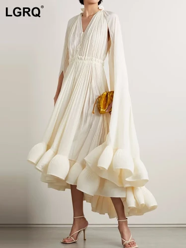 DEAT Elegant Dress Trendy Asymmetric Hem Design Cloak Sleeve Lace Pleat Women's Evening Dresses 2024 Summer New Fashion 19J4498