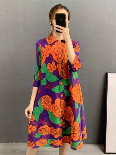 DEAT elegant dress contrast color flower print short sleeve loose turn collar women's dresses 2025 spring new fashion DLZ1101