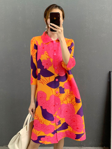 DEAT elegant dress contrast color flower print short sleeve loose turn collar women's dresses 2025 spring new fashion DLZ1101