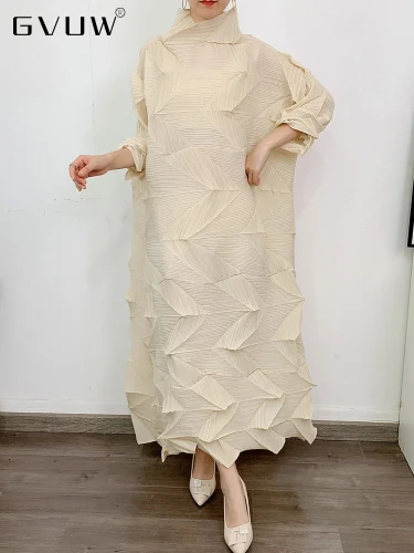GVUW Pleated Lace-up A-line Dress For Women Solid Color Turtleneck Loose Elegant Diamonds Dresses Female 2025 Spring New 17G1241