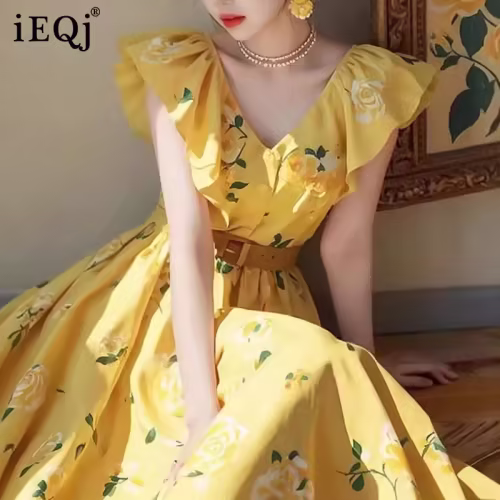 IEQJ 2025 New Elegant Rose Embroidery Feminine Women's Tea Break Dress Ruffled Detail Flutter Sleeve Dresses Female 3QW0413